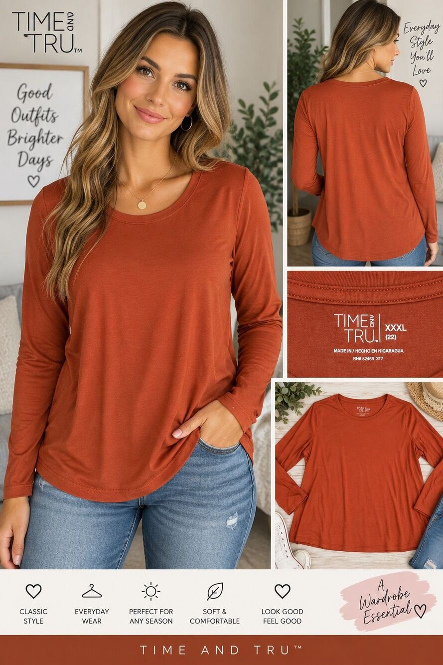 Time and Tru Women’s XXXL 22 Rust Burnt Orange Long Sleeve Crew Neck Top